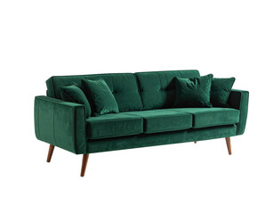 Green modern leather couch furniture object with cushions and pillows for luxury home interior design isolated on white background