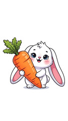 Cute cartoon white bunny with big blue eyes holding a large orange carrot on a white background.