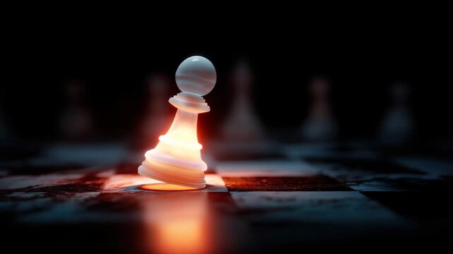 Bright pawn highlighted on a chessboard amid blurred pieces in a dramatic setting during an intense game