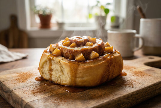 Rollito de canela caliente con manzana caramelizada y glaseado, servido sobre tabla de madera r&uacute;sticadecompression: 0.01
