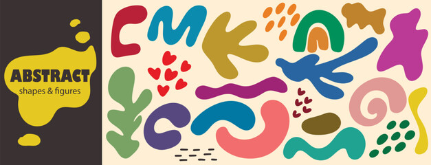 Colorful abstract shapes and figures. Set of various shapeless spots for modern design. Clip art of hand drawn elements, vector graphics
