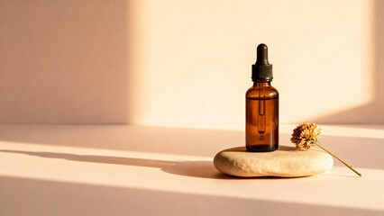 Amber glass dropper bottle with plant on smooth stone in soft sunlight setting