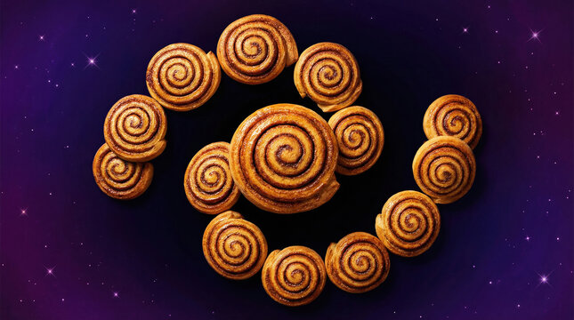 Rollos de canela en formaci&oacute;n gal&aacute;ctica sobre un fondo estrellado p&uacute;rpura