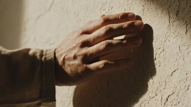Close up of a mans hand gently touching a textured, sunlit wall with strong shadow contrast