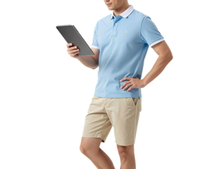 Young Man Wearing Blue Polo Shirt and Beige Shorts Holding Tablet