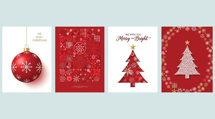 Set of four Christmas greeting cards with red and white designs featuring ornaments, snowflakes, stylized trees, and festive messages like “Merry Christmas” and “Season’s Greetings”—perfect for holida
