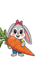 A cute cartoon bunny with a pink bow holding a large orange carrot, smiling happily.