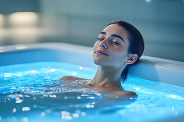 A young woman enjoys peaceful serenity in a minimalist floatation tank. Soft blue LED lights create a calming ambiance, illuminating the water and her relaxed expression.
