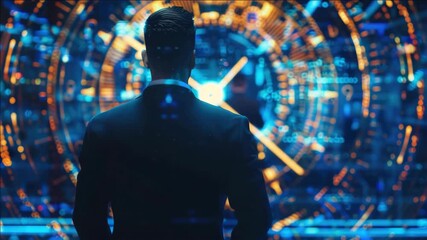 Man standing in front of a digital interface with holographic projections and screens displaying data - Powered by Adobe