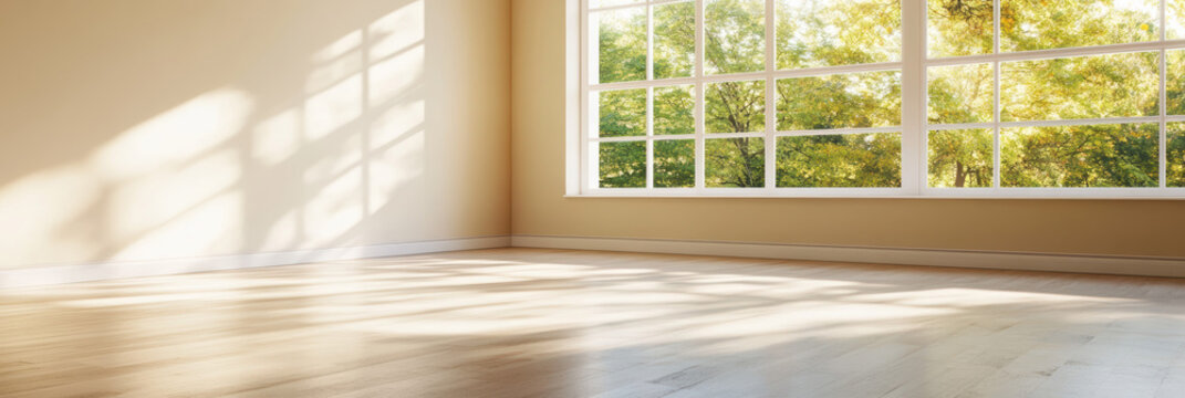A serene, sunlit room with cream walls and a large window showcases minimalistic design. The warm, diffused daylight highlights the smooth concrete floors, creating a tranquil atmosphere.