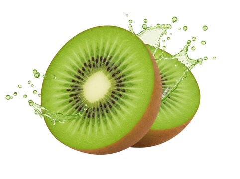 Two kiwi fruit halves with juice splash isolated PNG, fresh green kiwifruit slices on transparent background for healthy eating and summer designs