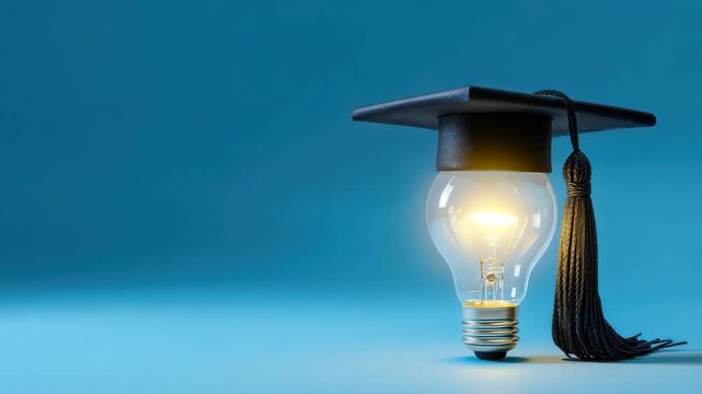 Creative light bulb wearing a graduation cap symbolizes innovation and education in a modern learning environment