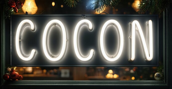 Bright neon sign spells COCON. Festive decorations surround glowing lettering. Warm lights create cozy winter ambiance.