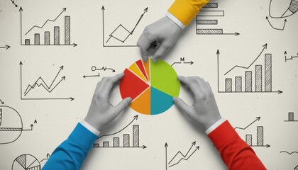 Three business team hands in colorful sleeves building a pie chart, a concept for teamwork and data analysis on a background with hand-drawn statistical graphs and charts