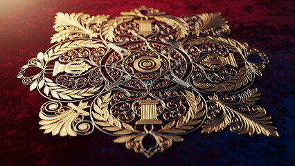 Ornate golden decorative ornament with intricate details on a dark background