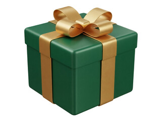 Green gift box with golden ribbon and bow isolated PNG, present for Christmas or birthday on transparent background