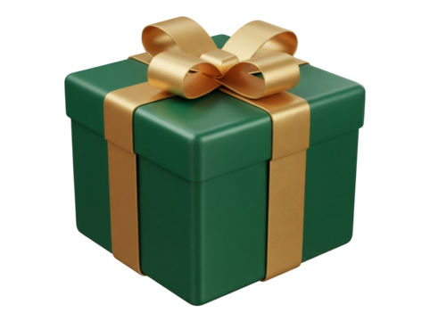 Green gift box with golden ribbon and bow isolated PNG, present for Christmas or birthday on transparent background