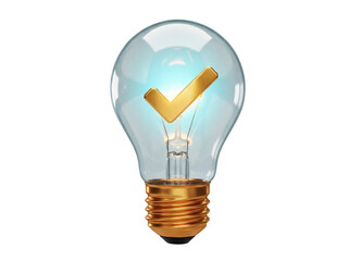 Light bulb with golden check mark inside isolated PNG, concept for ideas and solutions on transparent background