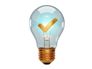 Light bulb with golden check mark inside isolated PNG, concept for ideas and solutions on transparent background