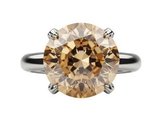 Round cut champagne diamond ring isolated PNG, solitaire jewelry with silver band on transparent background, elegant engagement accessory