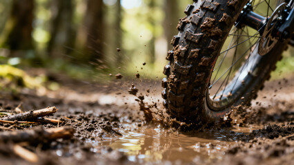 Fototapeta premium Water Splash from Mountain Bike Tire on Muddy Trail in Forest Environment