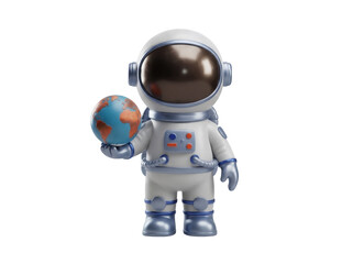 Cute astronaut holding planet Earth PNG isolated on transparent background, spaceman in spacesuit with globe for kids design