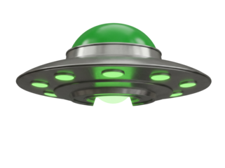 Shiny silver UFO with green dome isolated PNG, flying saucer spaceship for science fiction and extraterrestrial themes on transparent background