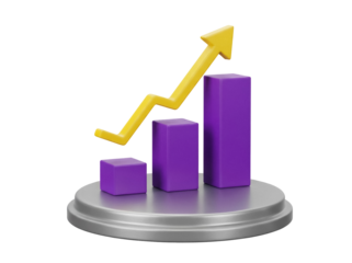 3D bar graph with yellow arrow isolated PNG, business growth chart on transparent background, financial success and investment concept