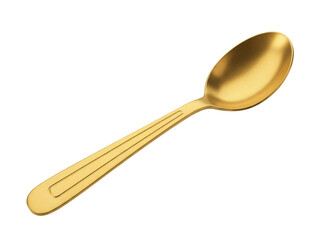 Elegant golden spoon isolated PNG on transparent background, shiny metal cutlery for dining and kitchen use, luxurious tableware
