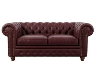 Elegant burgundy leather Chesterfield sofa isolated PNG, classic tufted couch for living room or office furniture on transparent background