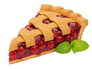 Slice of cherry pie isolated PNG on transparent background, delicious homemade dessert with lattice crust and fresh mint garnish