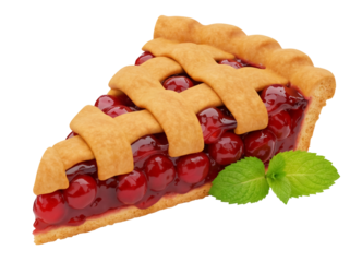 Slice of cherry pie isolated PNG on transparent background, delicious homemade dessert with lattice crust and fresh mint garnish