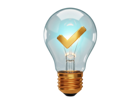 Light bulb with golden check mark inside isolated PNG, concept for ideas and solutions on transparent background