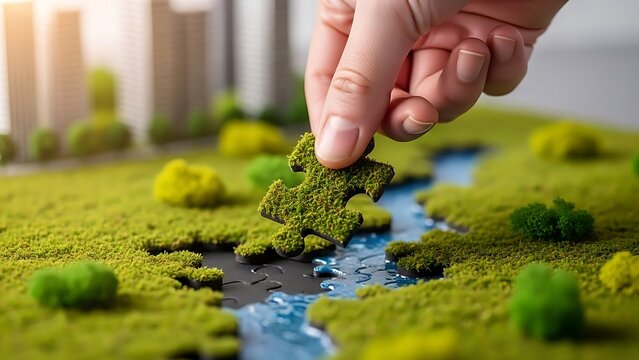 Hand placing a green puzzle piece, symbolizing environmental solutions and sustainability - Powered by Adobe