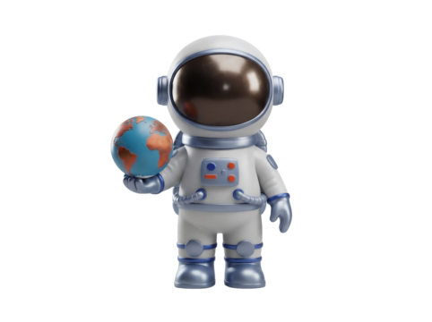 Cute astronaut holding planet Earth PNG isolated on transparent background, spaceman in spacesuit with globe for kids design