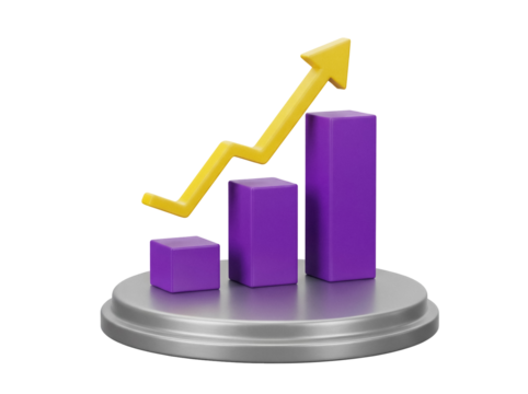 3D bar graph with yellow arrow isolated PNG, business growth chart on transparent background, financial success and investment concept