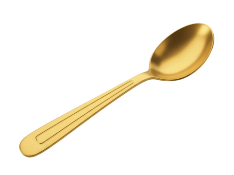 Elegant golden spoon isolated PNG on transparent background, shiny metal cutlery for dining and kitchen use, luxurious tableware