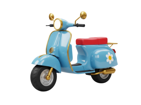 Cute blue cartoon scooter PNG isolated on transparent background, fun vehicle with red seat and flower design for kids - Powered by Adobe