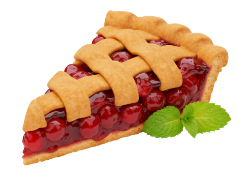 Slice of cherry pie isolated PNG on transparent background, delicious homemade dessert with lattice crust and fresh mint garnish
