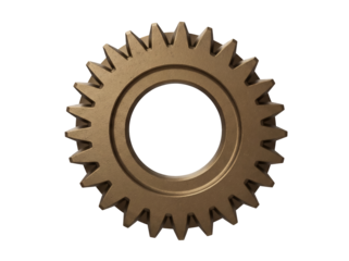 Golden gear wheel isolated PNG on transparent background, cogwheel machinery part for engineering and industrial design projects