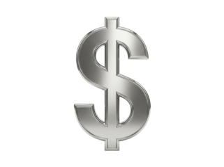 Silver dollar sign PNG isolated on transparent background, currency symbol for finance, investment and business concepts
