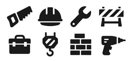 Construction icon collection in black. Includes saw, helmet, wrench, barrier, toolbox, crane hook, bricks and drill. The icons look bold and simple for building or repair themes