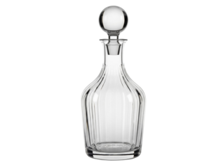 Elegant crystal decanter isolated PNG, clear glass bottle with stopper for wine or spirits on transparent background