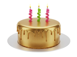 Golden birthday cake with pink and green candles isolated PNG, festive dessert for celebration and party designs on transparent background