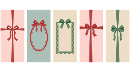 Set of five vertical decorative elements featuring various styles of ribbon bows and frames in muted red and green tones on pastel backgrounds, perfect for gift wrapping or holiday design