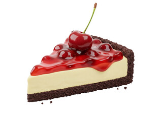 Cherry cheesecake slice isolated PNG on transparent background, delicious dessert with red glaze and chocolate crust for patisserie menu