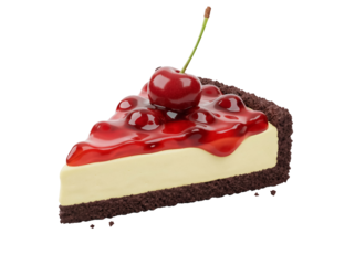 Cherry cheesecake slice isolated PNG on transparent background, delicious dessert with red glaze and chocolate crust for patisserie menu