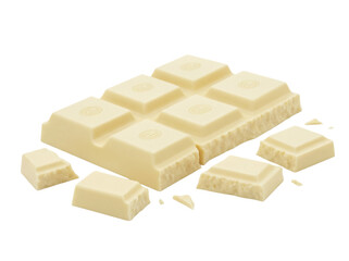 Delicious white chocolate bar isolated PNG, sweet dessert treat with broken pieces on transparent background for confectionery designs