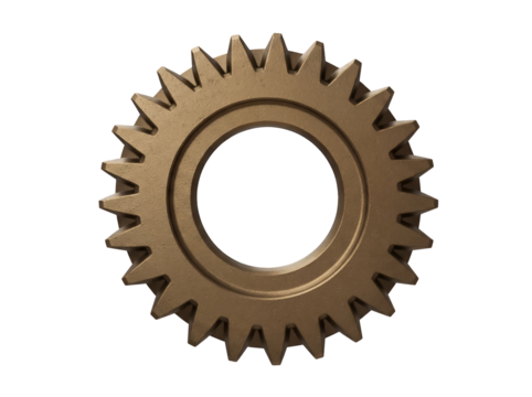 Golden gear wheel isolated PNG on transparent background, cogwheel machinery part for engineering and industrial design projects