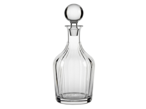 Elegant crystal decanter isolated PNG, clear glass bottle with stopper for wine or spirits on transparent background